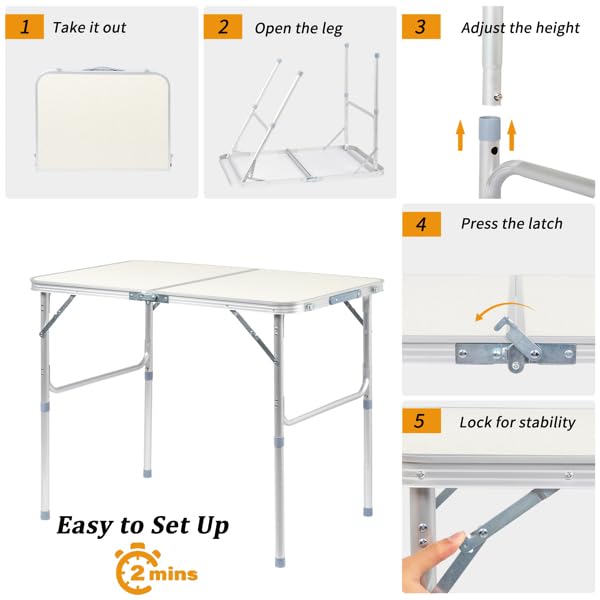 Aluminum Portable Folding Camping Table Adjustable Height White 36 x 24 inch X320365