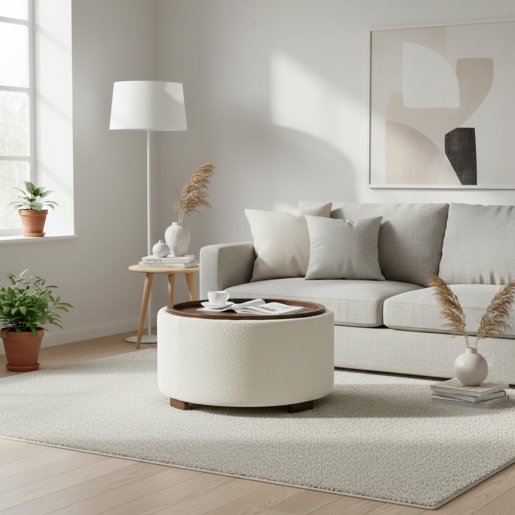 30 Inch Round Boucle Storage Ottoman H6444