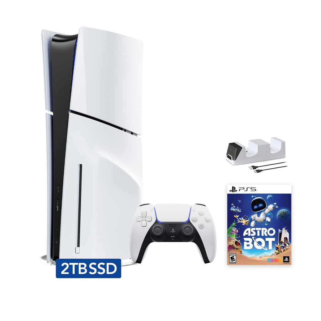 White PlayStation 5 Slim Disc 2TB SSD Console Bundle with Dual-Controller Charger U798