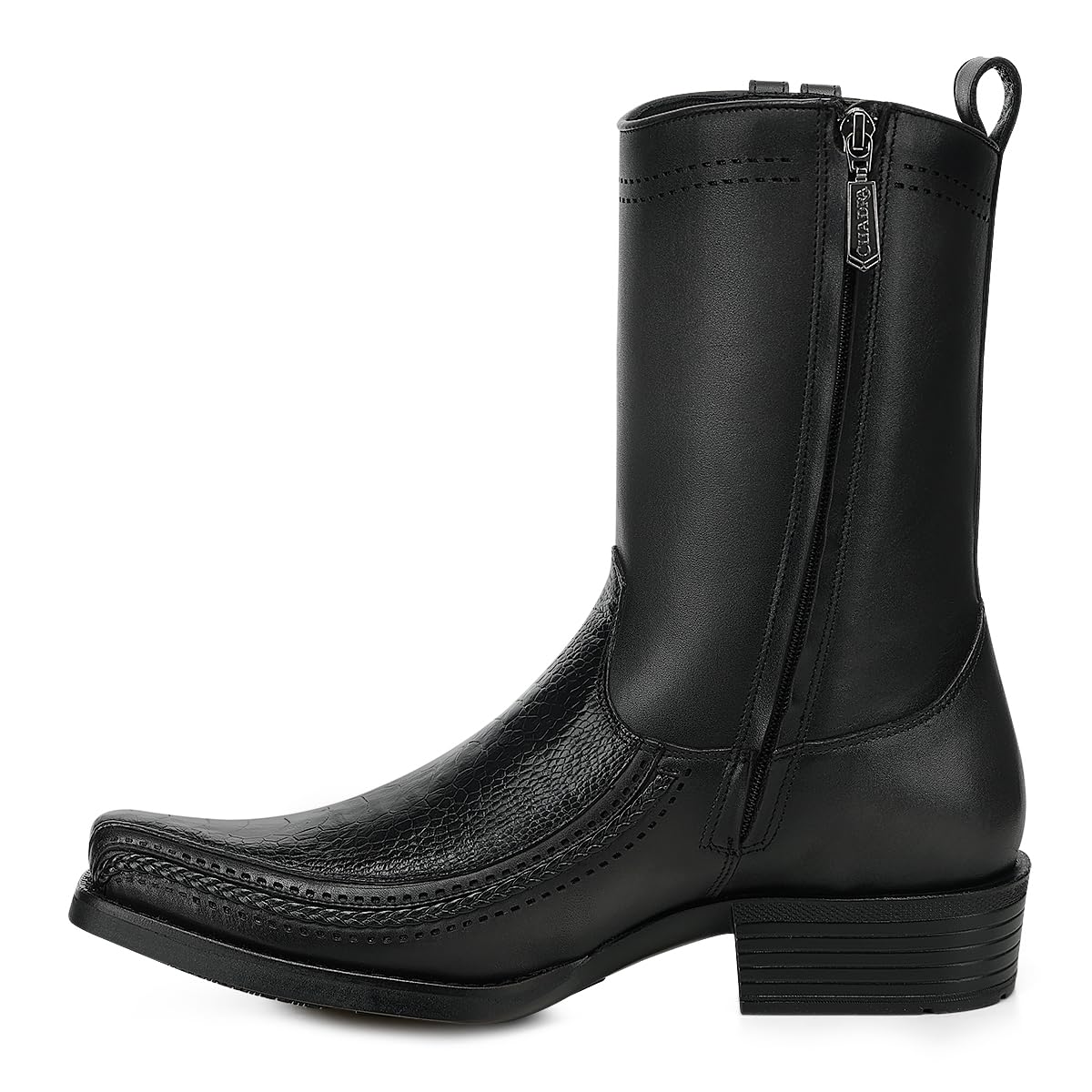 Black Ostrich Leg Leather Square Toe Men Boot X93712