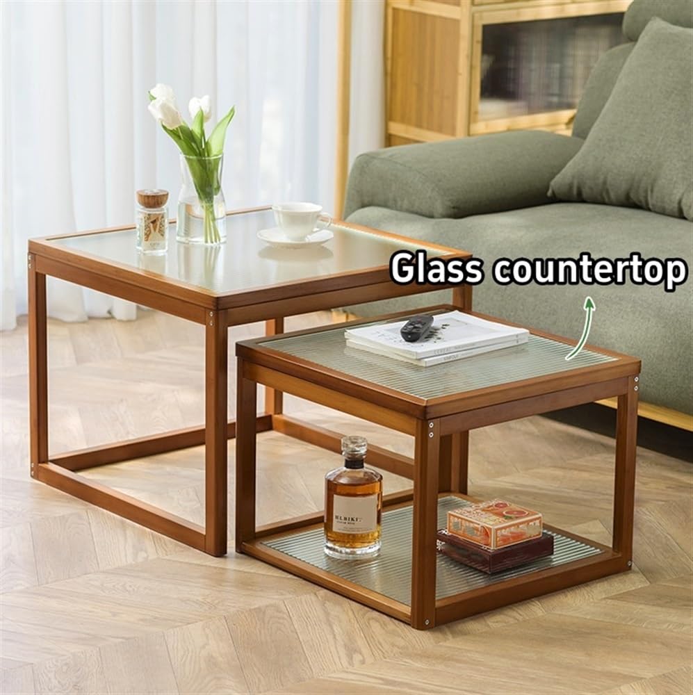 Nesting Coffee Tables Set of 2 Wooden Square Side Table with Tempered Glass Top E759