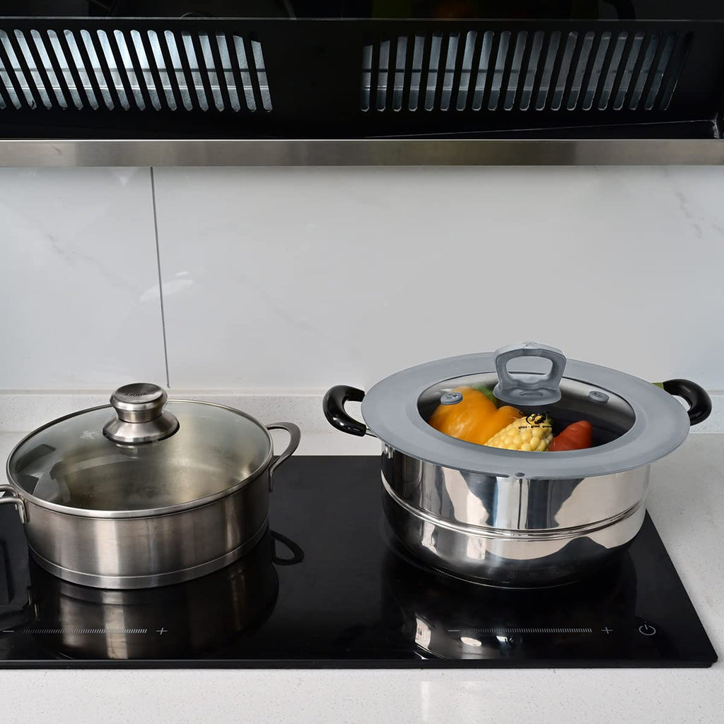 Set of 2 Vented Tempered Glass Universal Lid with Silicone, Light Grey D25065