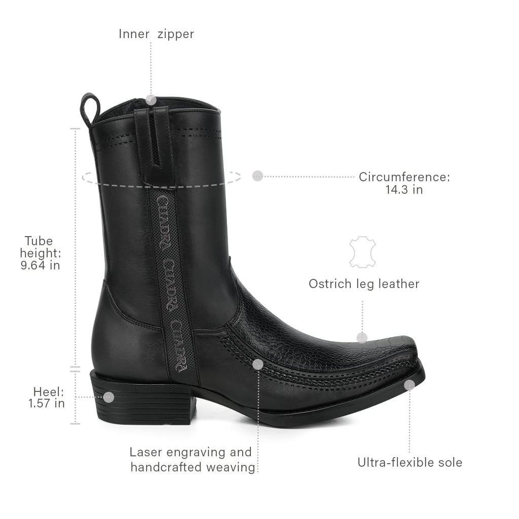 Black Ostrich Leg Leather Square Toe Men Boot X93712