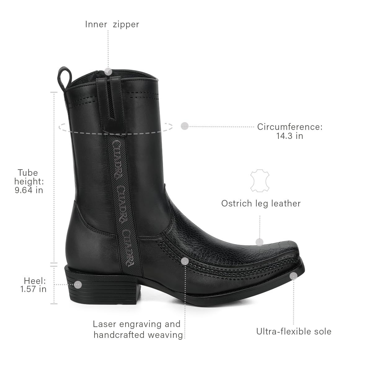 Black Ostrich Leg Leather Square Toe Men Boot X93712