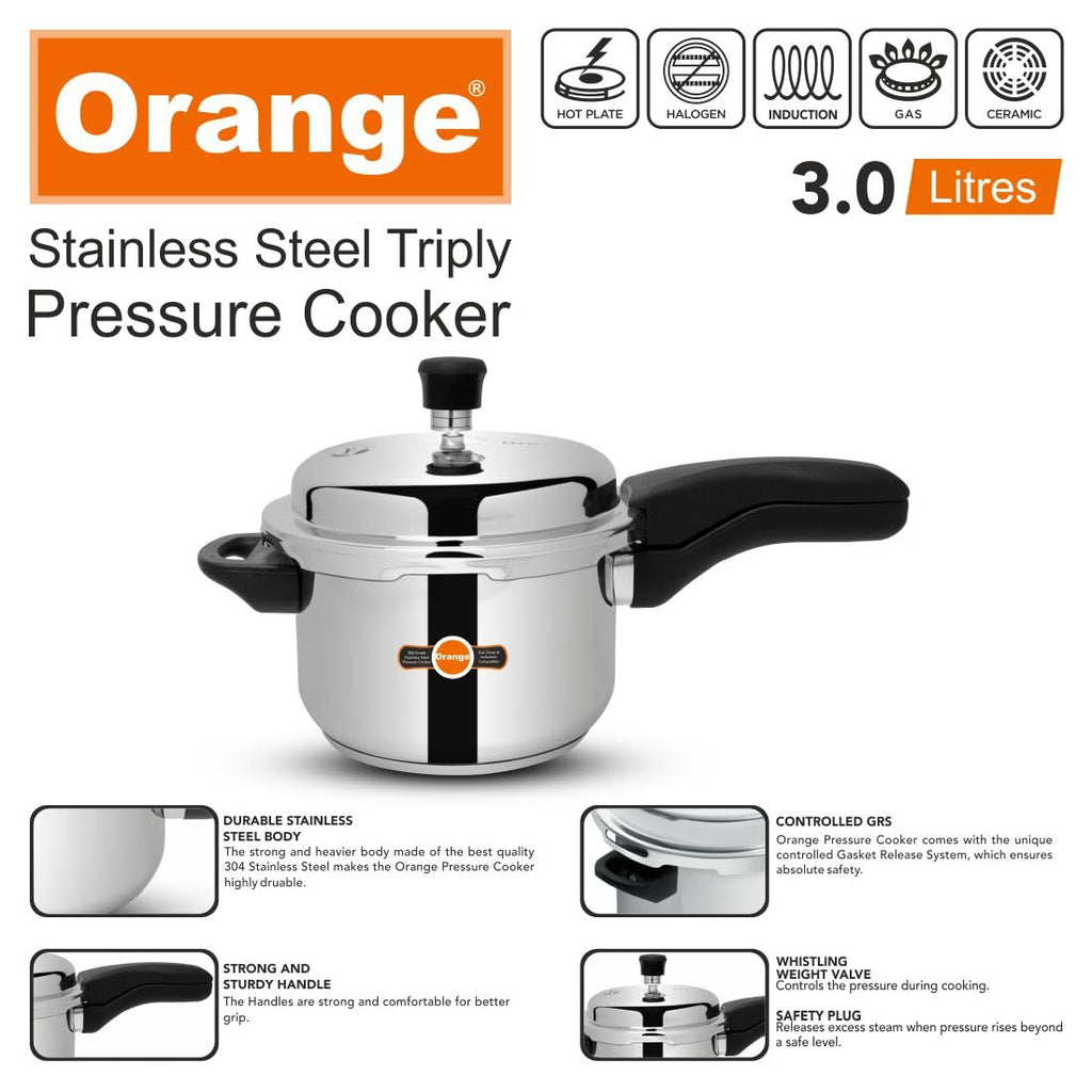 Orange Triply Stainless Steel Pressure Cooker 3L X901