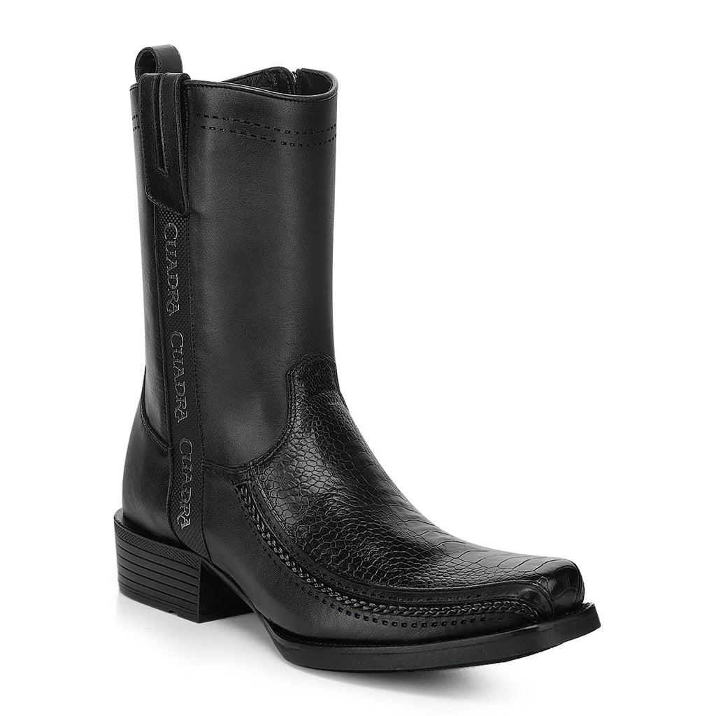 Black Ostrich Leg Leather Square Toe Men Boot X93712