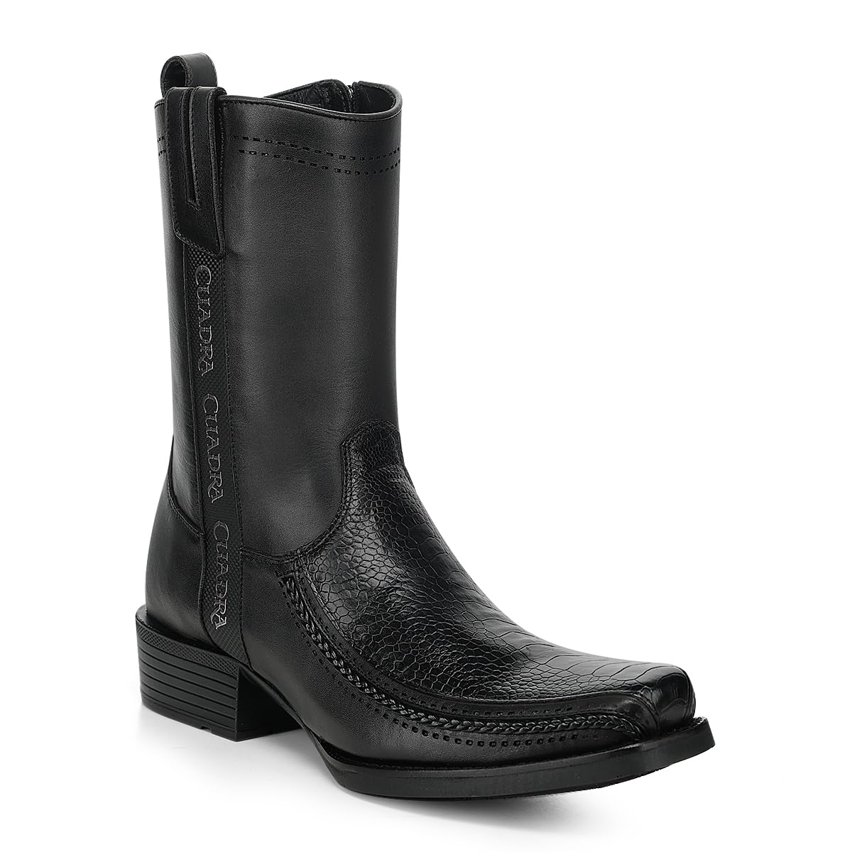 Black Ostrich Leg Leather Square Toe Men Boot X93712