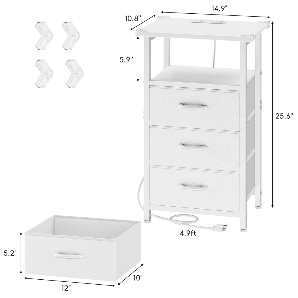 White Nightstand with Charging Station and 3 Fabric Drawers I870