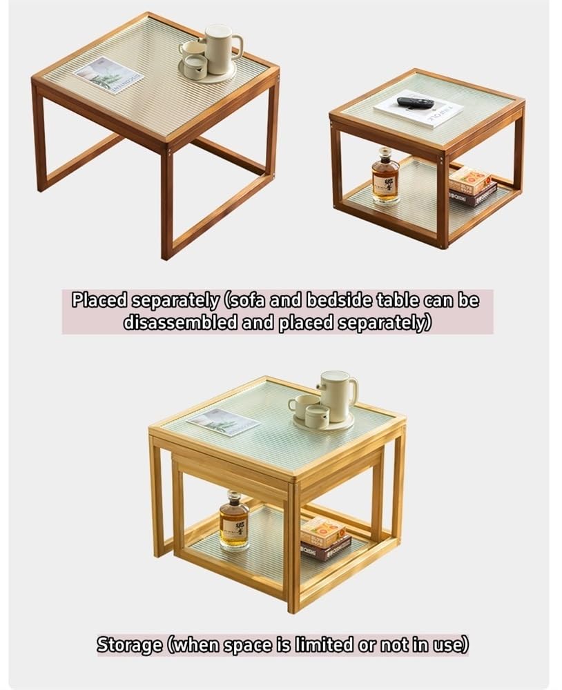 Nesting Coffee Tables Set of 2 Wooden Square Side Table with Tempered Glass Top E759