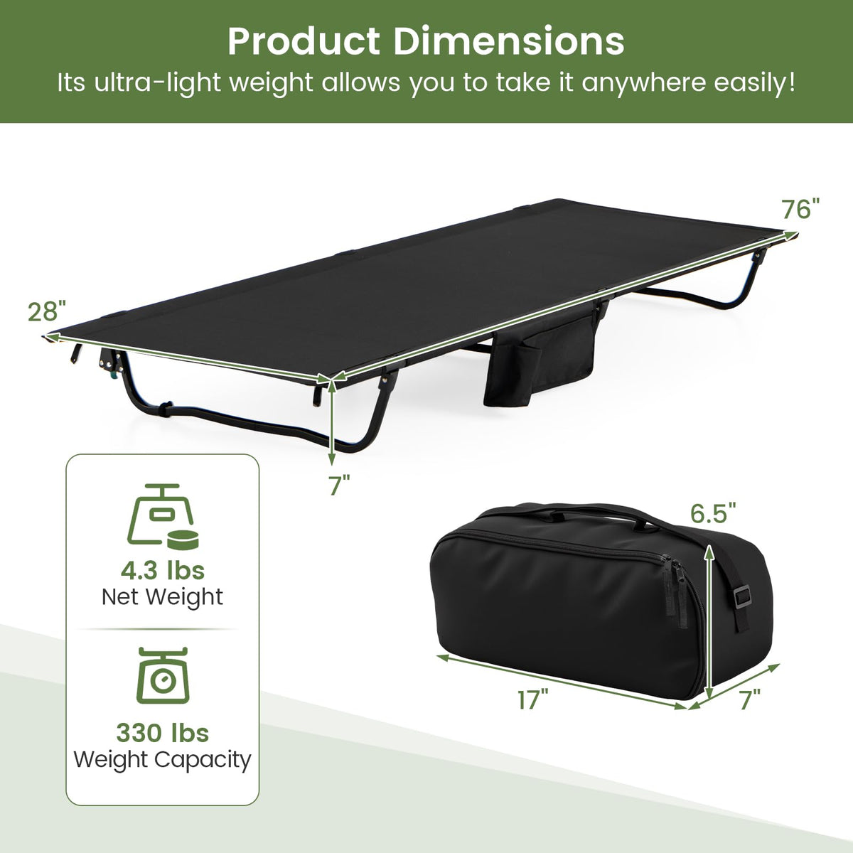 Folding Camping Cot with Carrying Bag & Side Pocket L527658