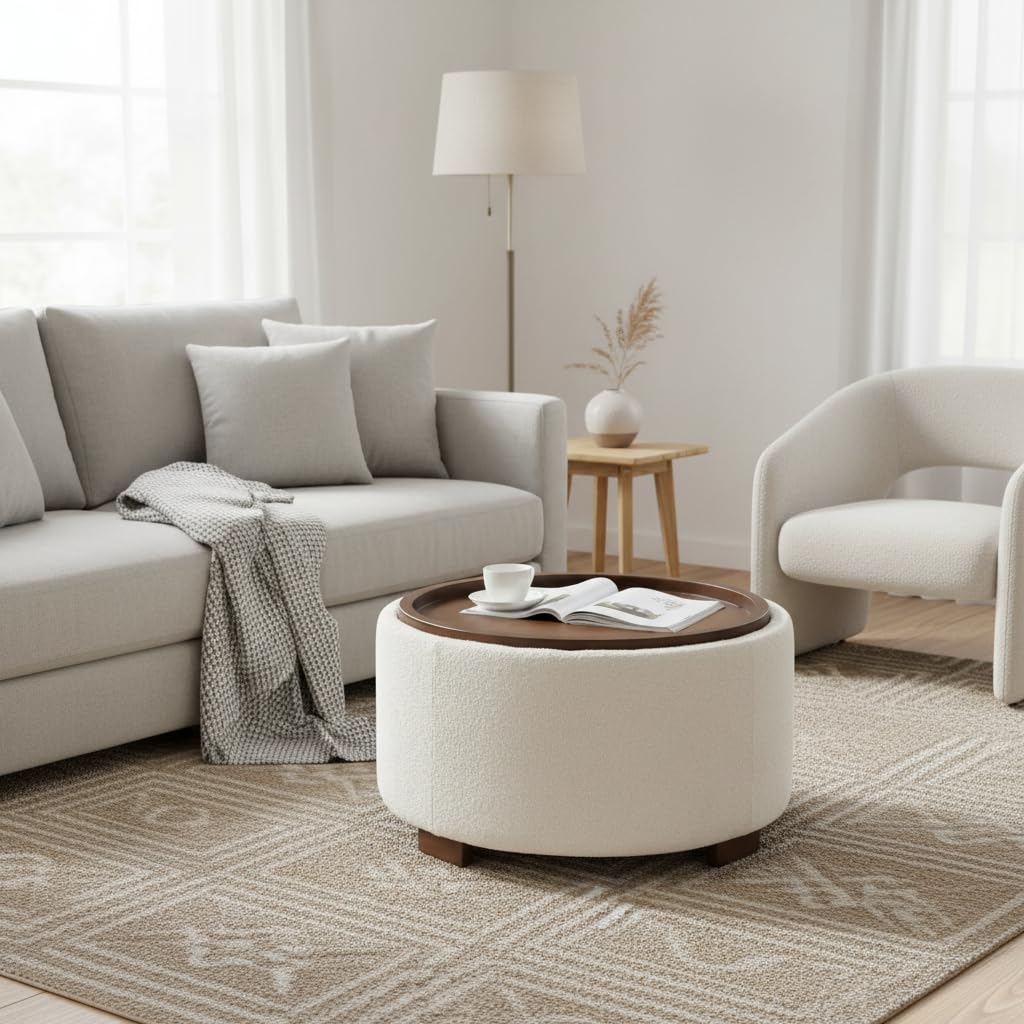30 Inch Round Boucle Storage Ottoman H6444
