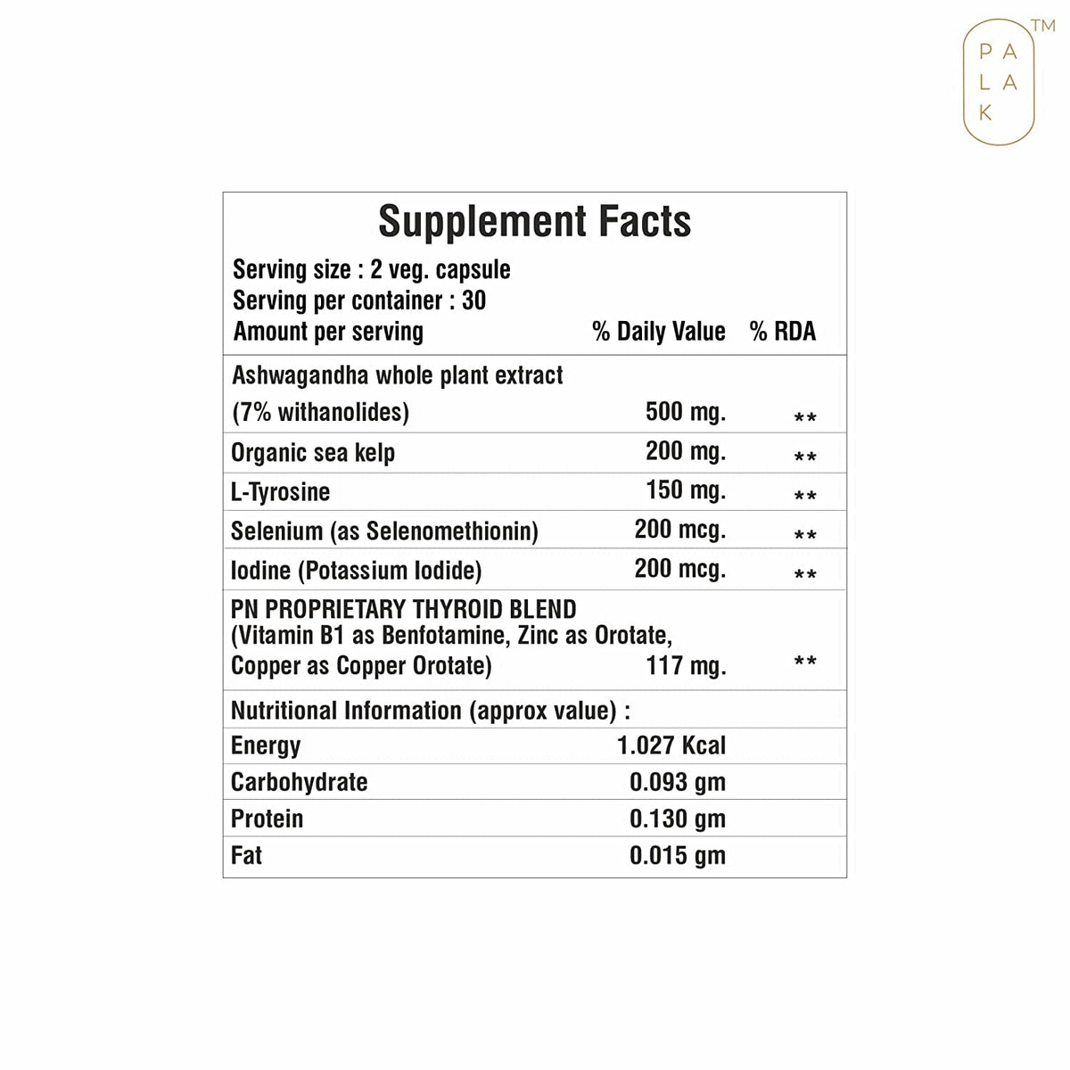 Selenium Sea Kelp L-Tyrosine Zinc Ashwagandha B1 60 Capsules E1472