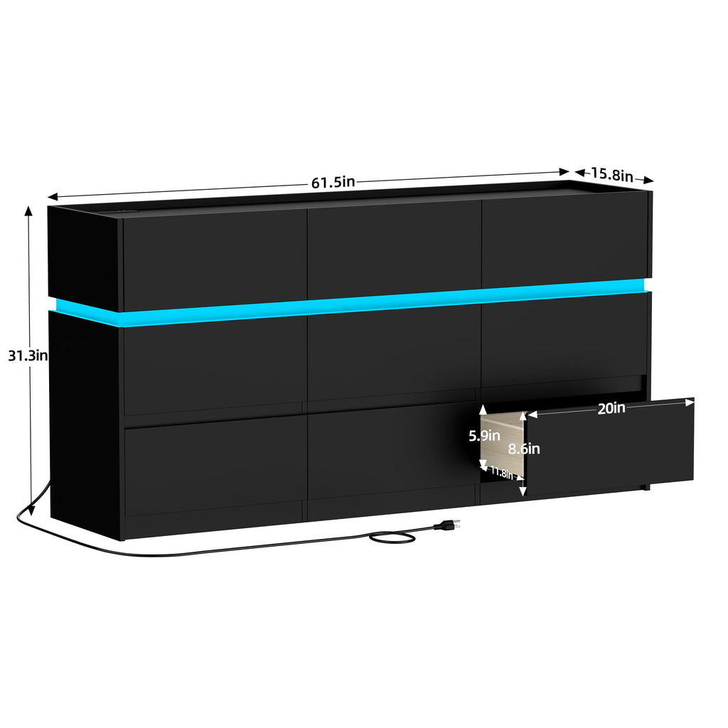 Black 9 Drawer Dresser with Charging Station and LED Lights L85967