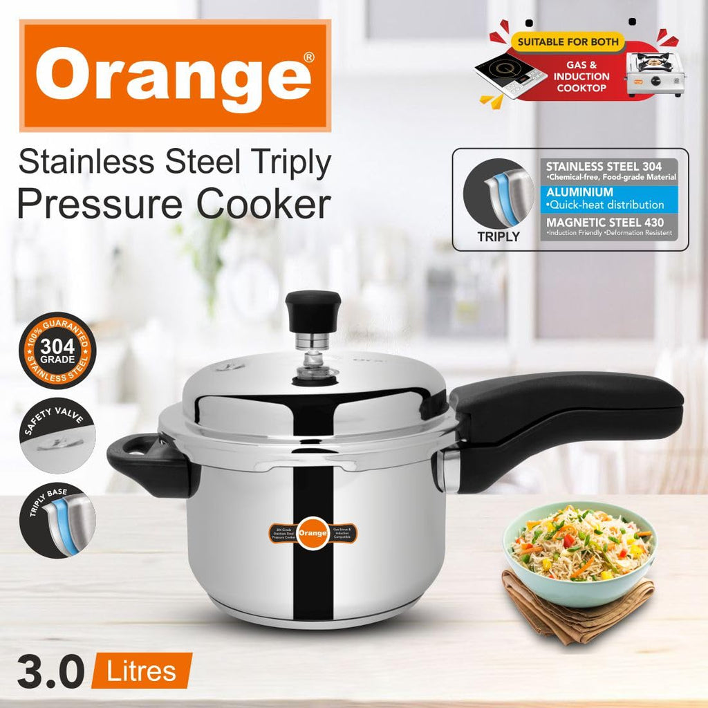 Orange Triply Stainless Steel Pressure Cooker 3L X901