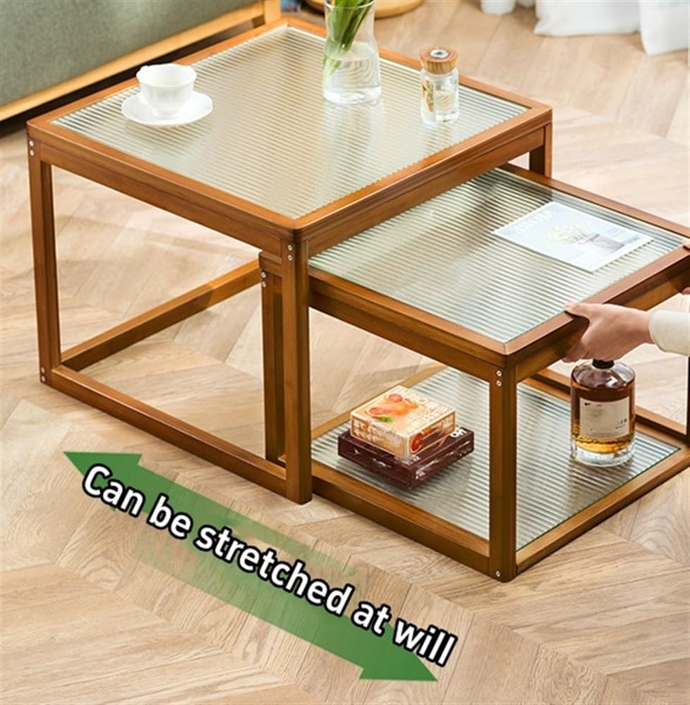 Nesting Coffee Tables Set of 2 Wooden Square Side Table with Tempered Glass Top E759