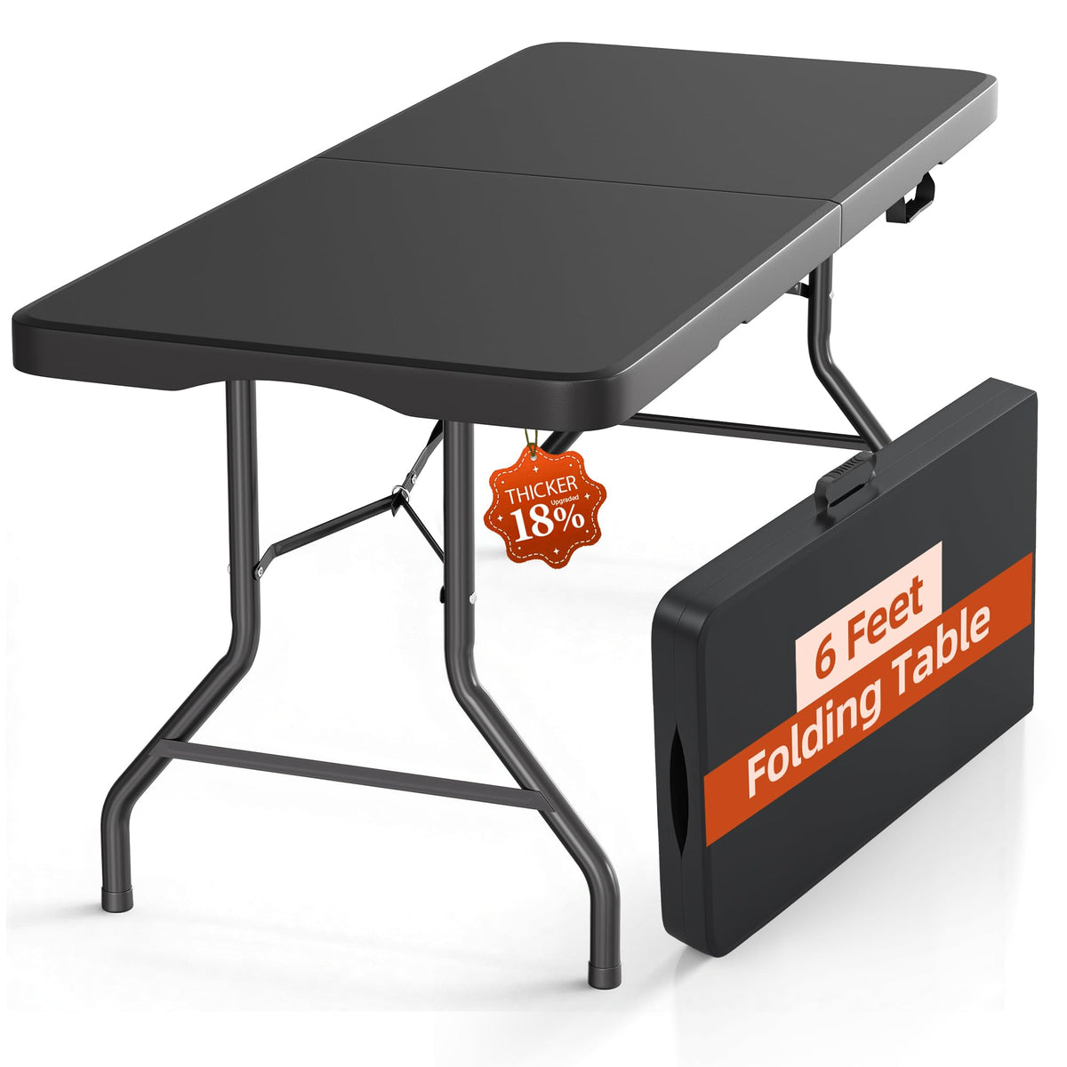 6FT Black Plastic Folding Table with Carrying Handle W86477