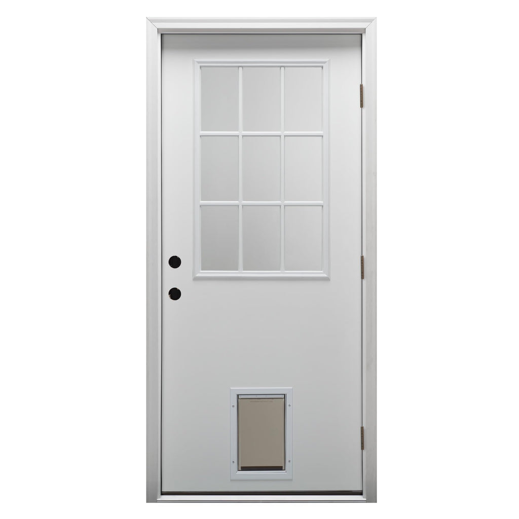 Primed Left Hand Outswing 9 Lite Steel Prehung Front Door with Pet Door X98612