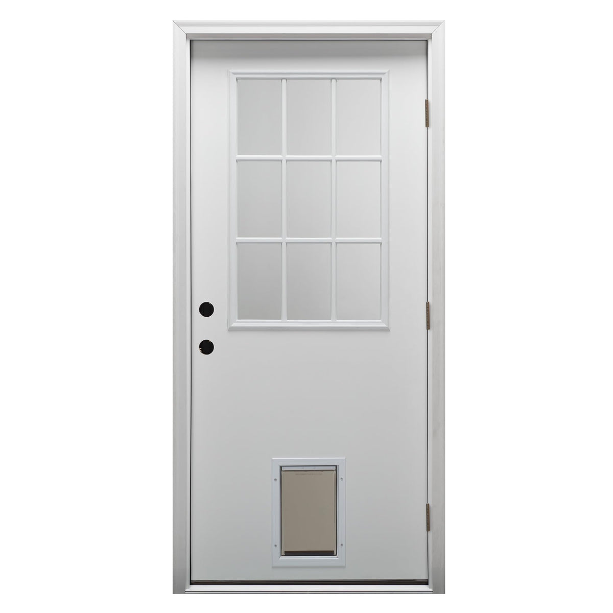 Primed Left Hand Outswing 9 Lite Steel Prehung Front Door with Pet Door X98612