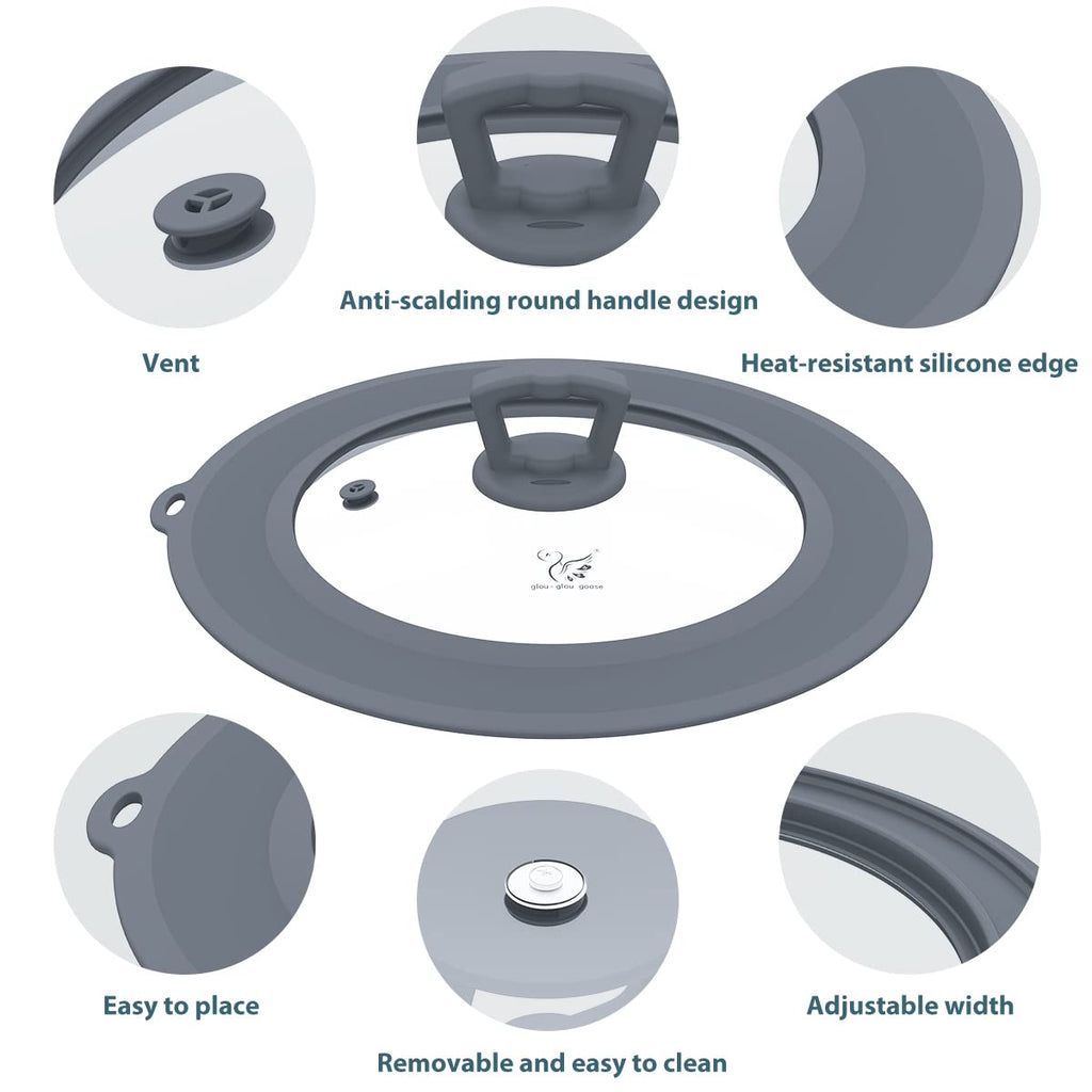 Set of 2 Vented Tempered Glass Universal Lid with Silicone, Light Grey D25065