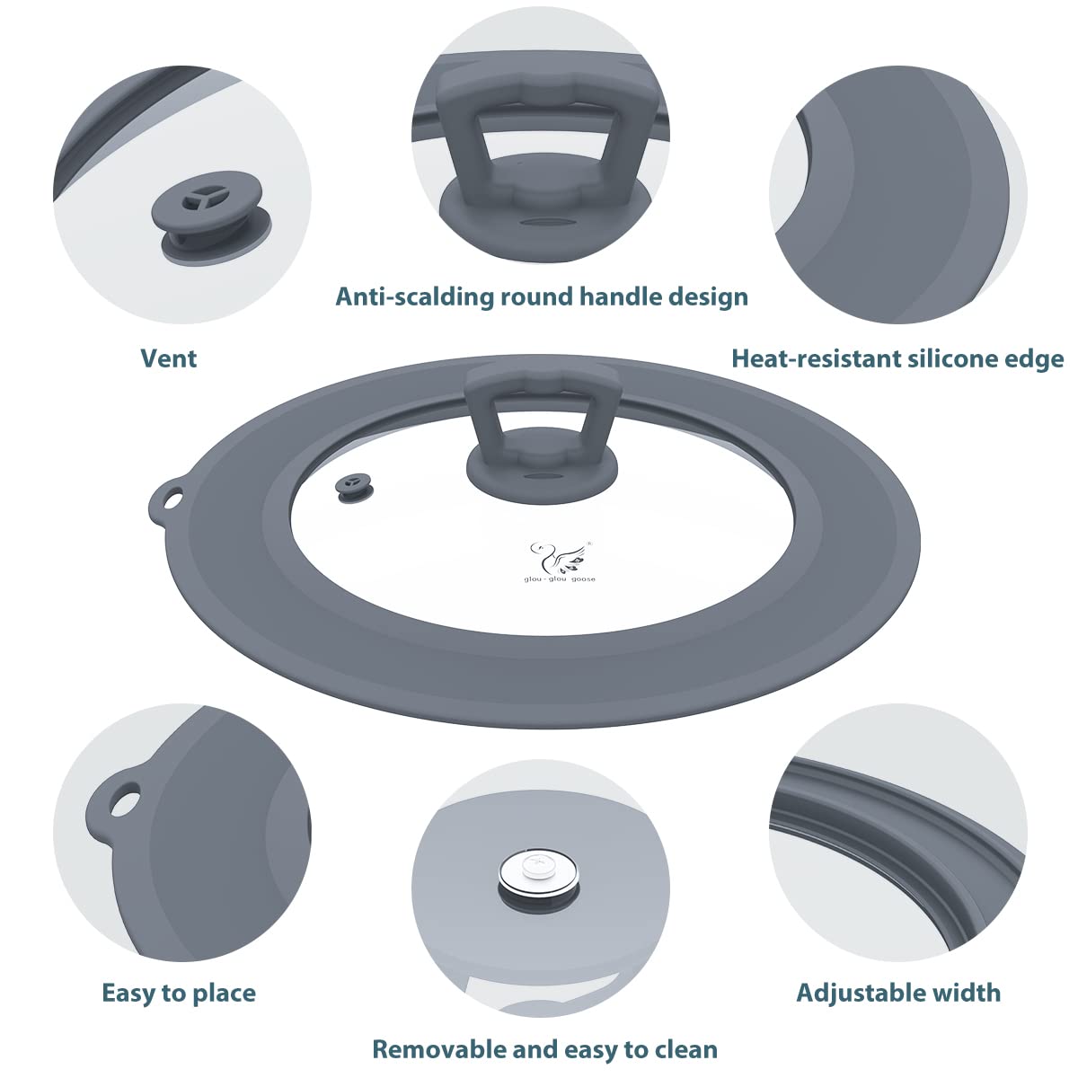 Set of 2 Vented Tempered Glass Universal Lid with Silicone, Light Grey D25065