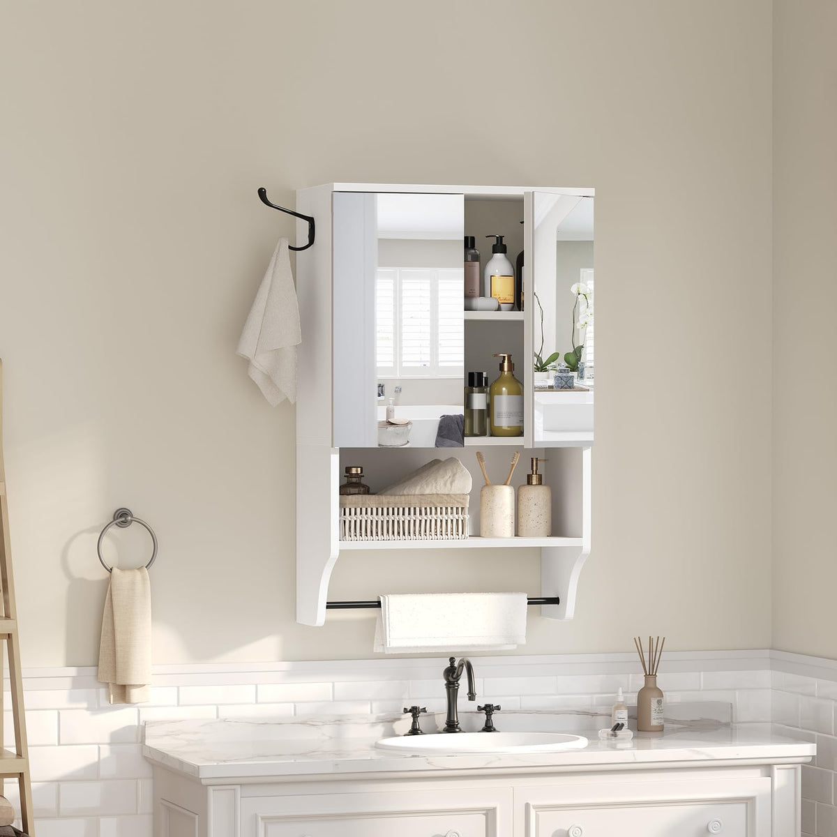 White Wall Mounted Bathroom Cabinet with Mirror and Adjustable Shelf K12951