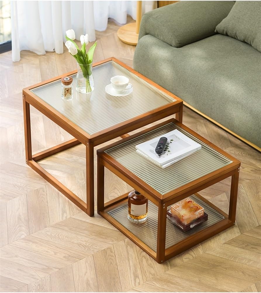 Nesting Coffee Tables Set of 2 Wooden Square Side Table with Tempered Glass Top E759