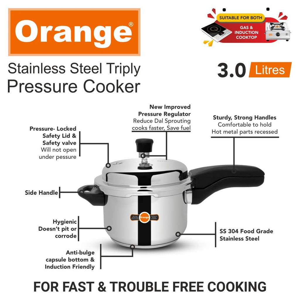 Orange Triply Stainless Steel Pressure Cooker 3L X901