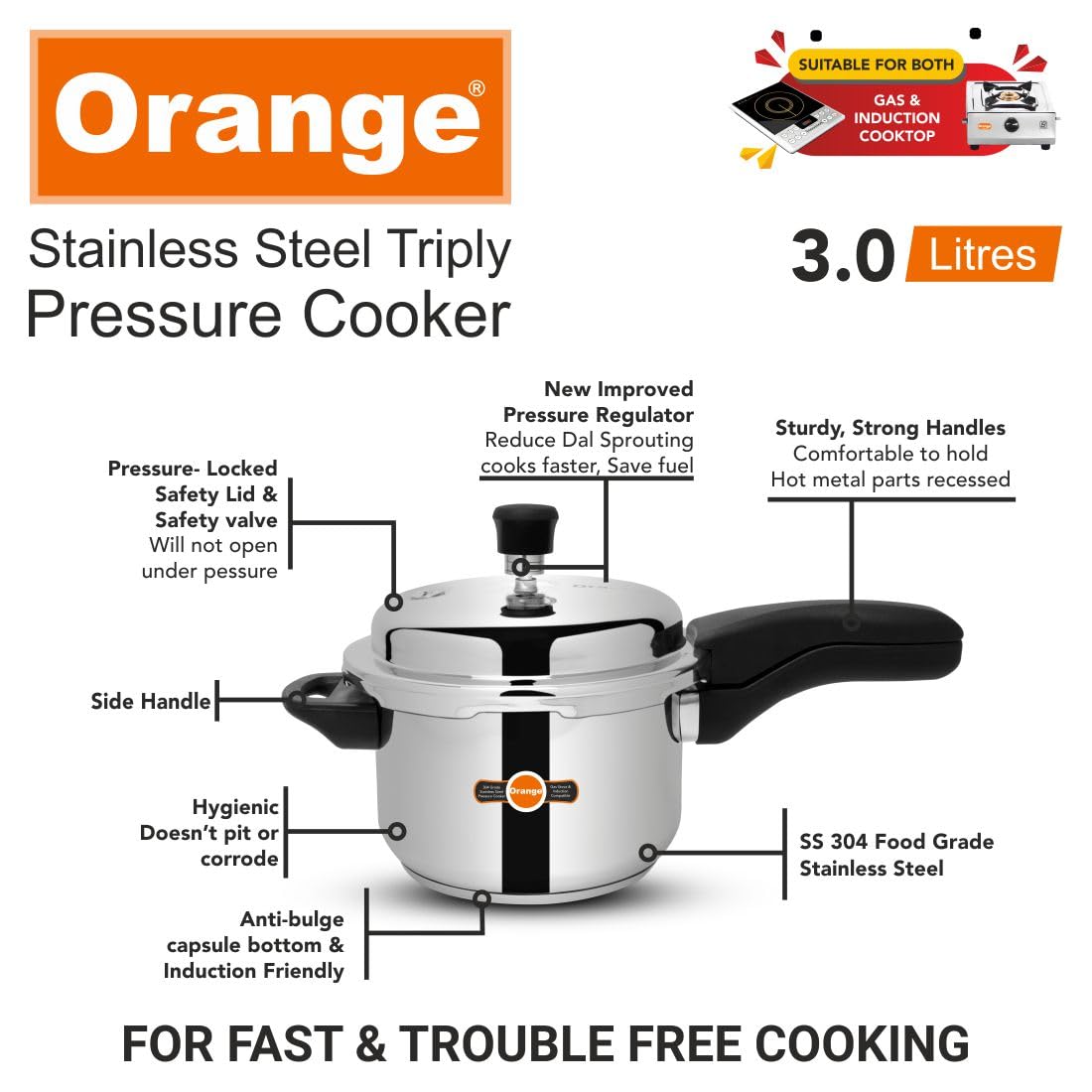 Orange Triply Stainless Steel Pressure Cooker 3L X901