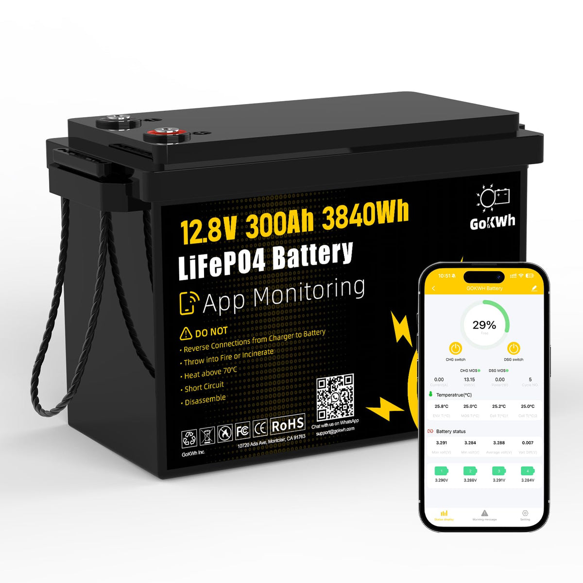 12V 300Ah LiFePO4 Battery with 200A BMS Q969