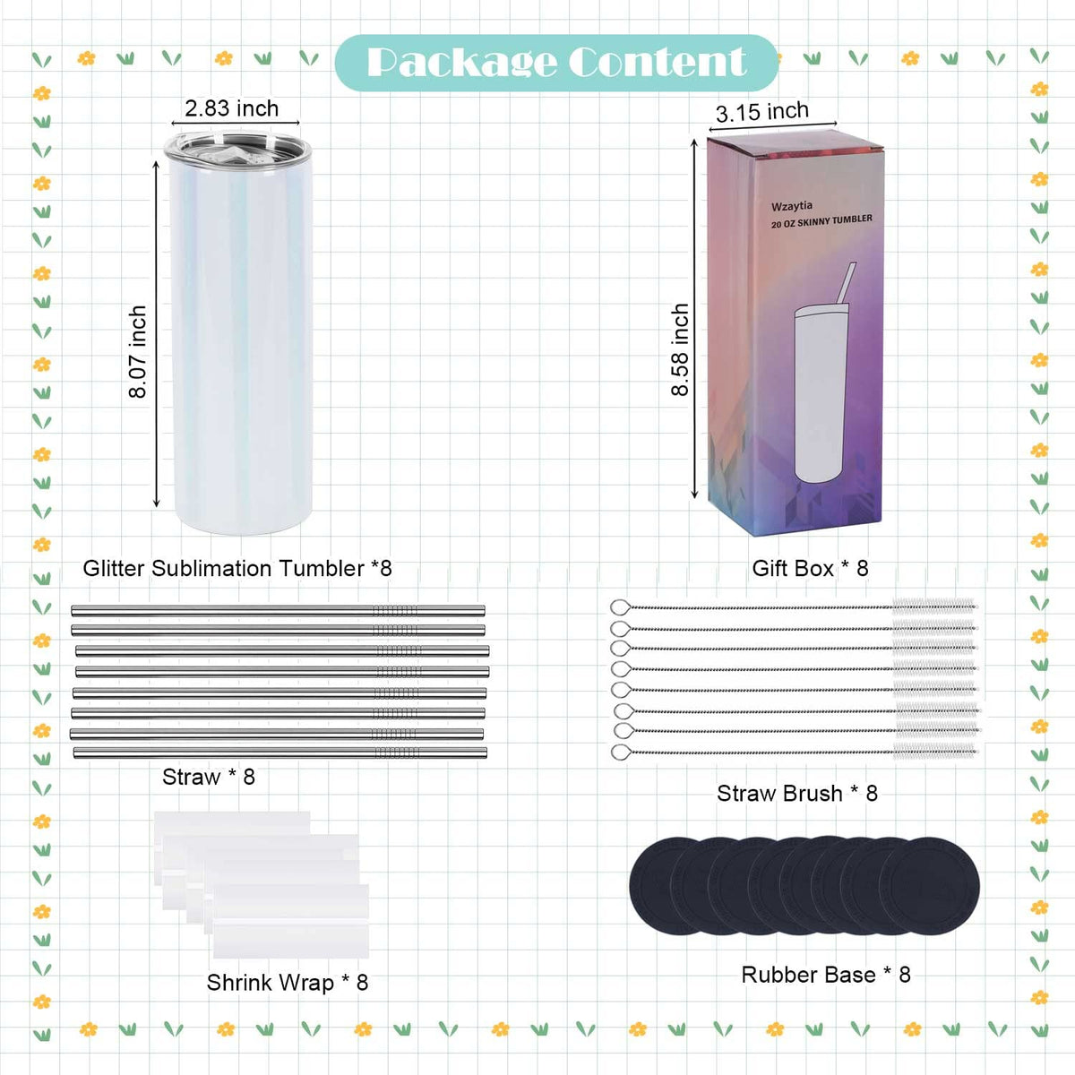 20 Oz 8 Pack Stainless Steel Glitter Sublimation Tumblers T183423