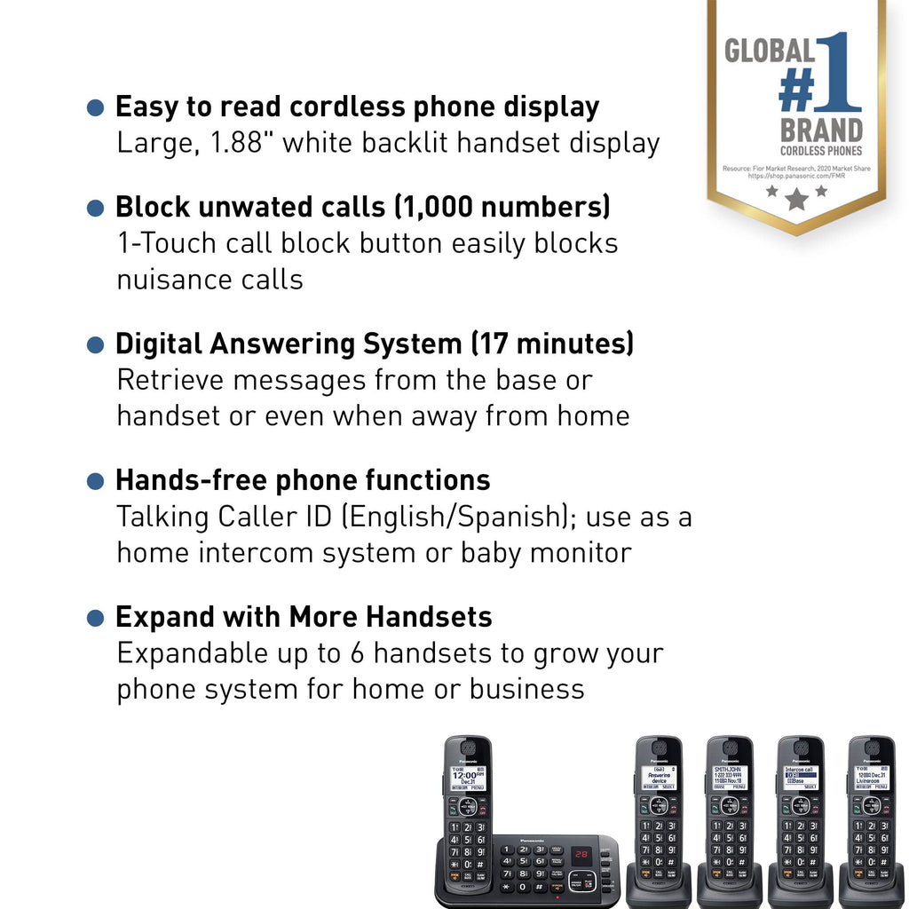 Metallic Black 5 Handset Cordless Phone System with Answering Machine Y331036