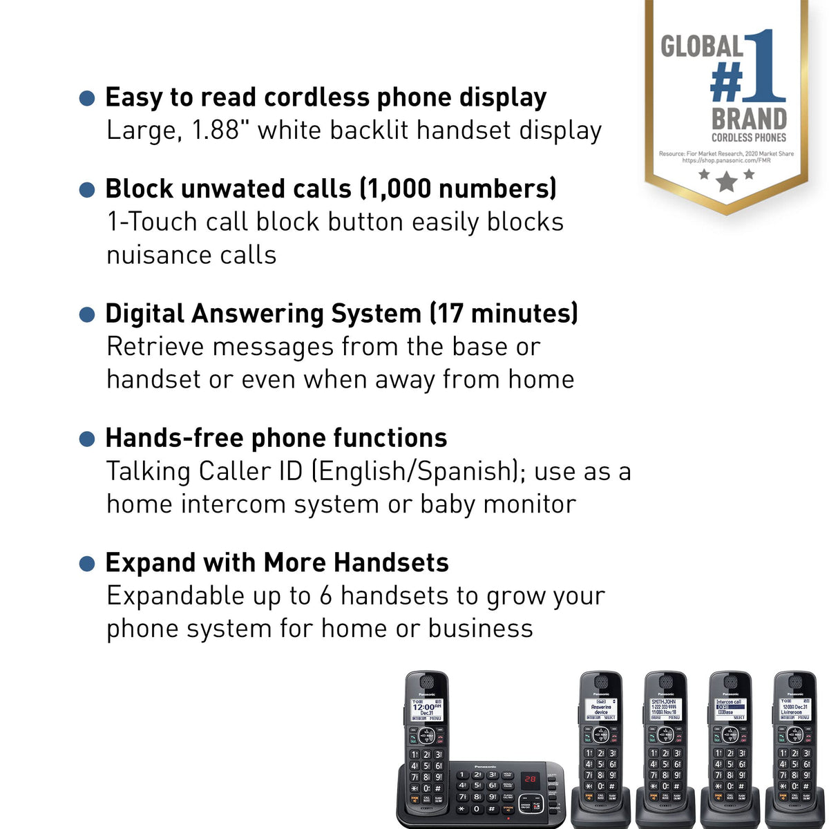 Metallic Black 5 Handset Cordless Phone System with Answering Machine Y331036