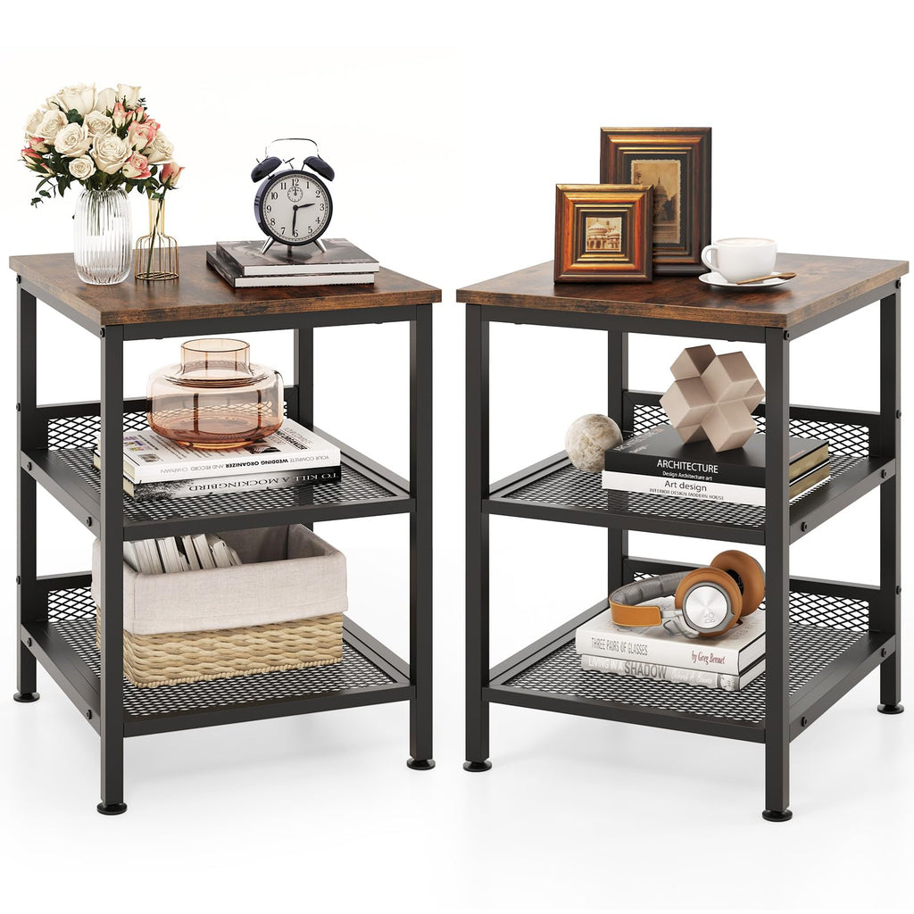 3-Tier End Table Set of 2 with Mesh Storage Shelves A2317