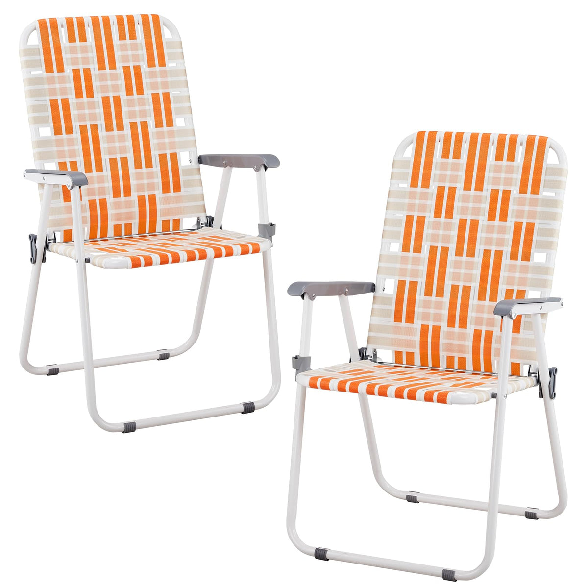 Set of 2 Orange and White Webbed Folding Beach Chairs V72344