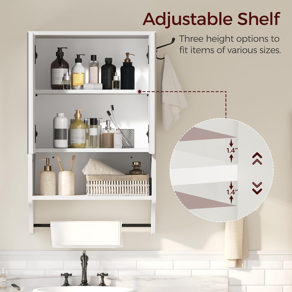 White Wall Mounted Bathroom Cabinet with Mirror and Adjustable Shelf K12951