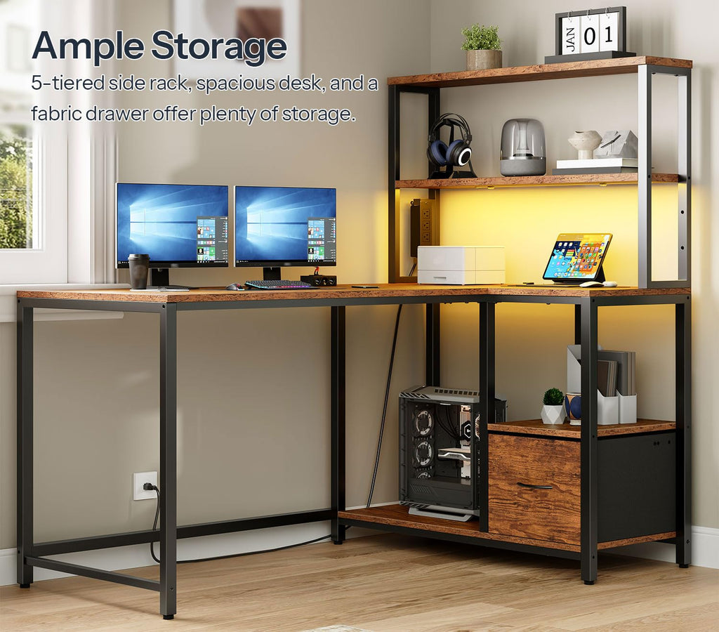 46 Inch Reversible Computer Desk with LED Light & Power Outlet F993