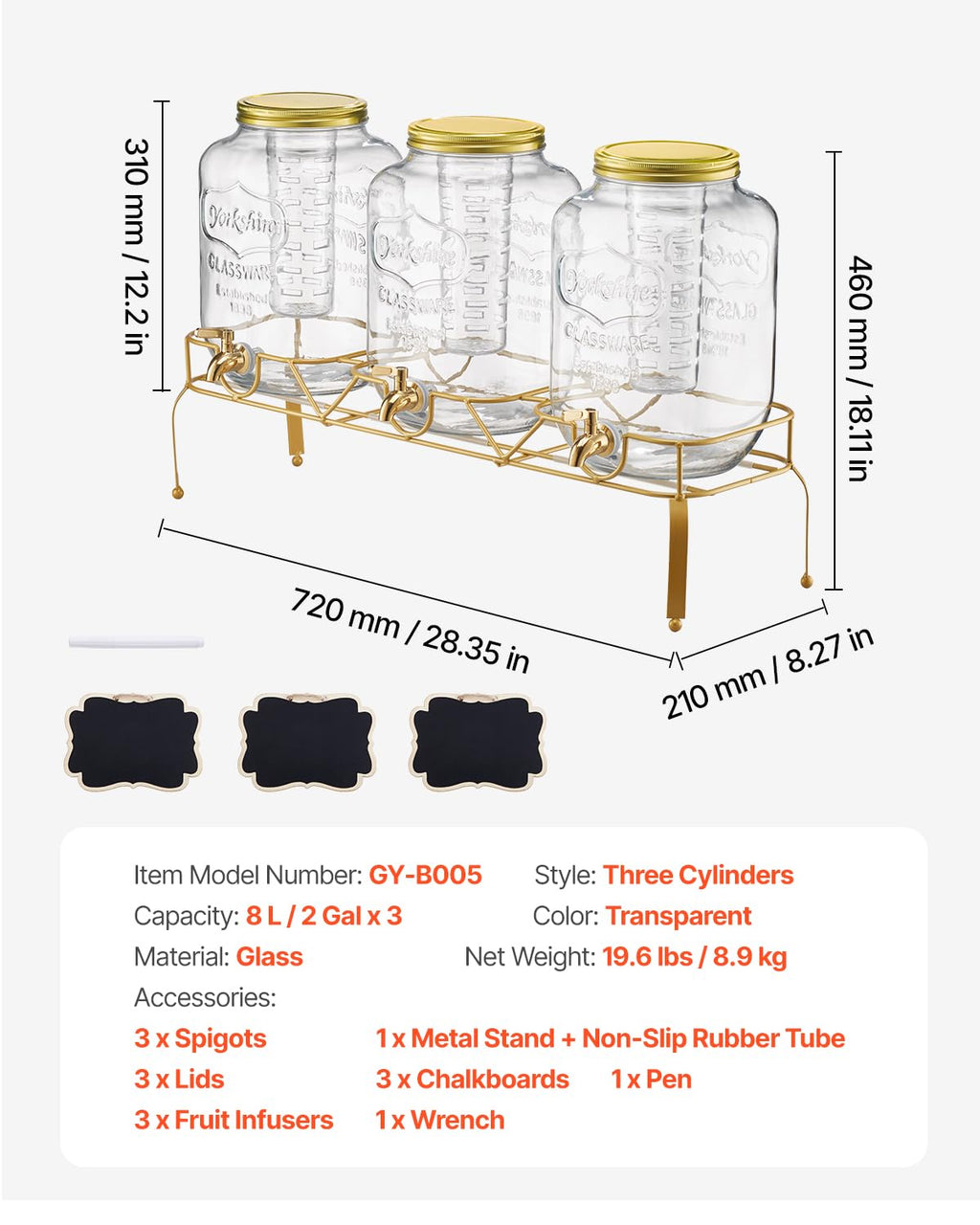 3 Pack 2 Gallon Glass Beverage Dispenser with Metal Stand O47889