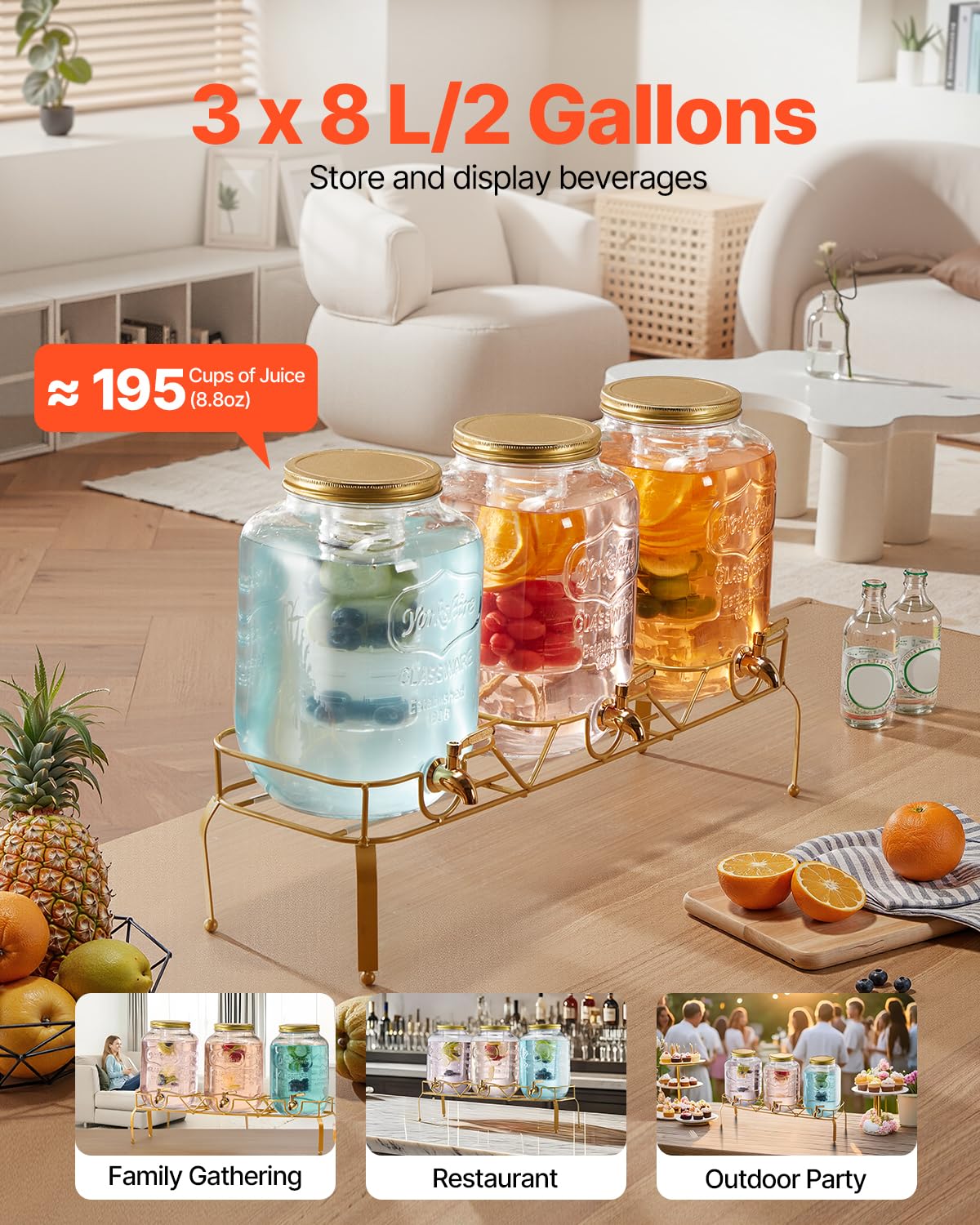 3 Pack 2 Gallon Glass Beverage Dispenser with Metal Stand O47889