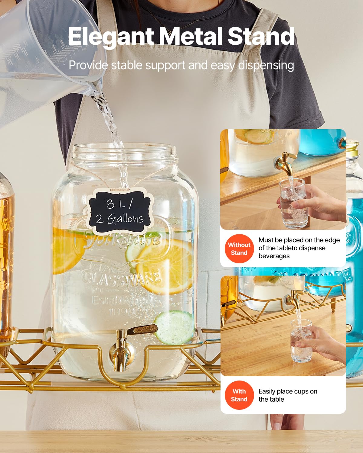 3 Pack 2 Gallon Glass Beverage Dispenser with Metal Stand O47889