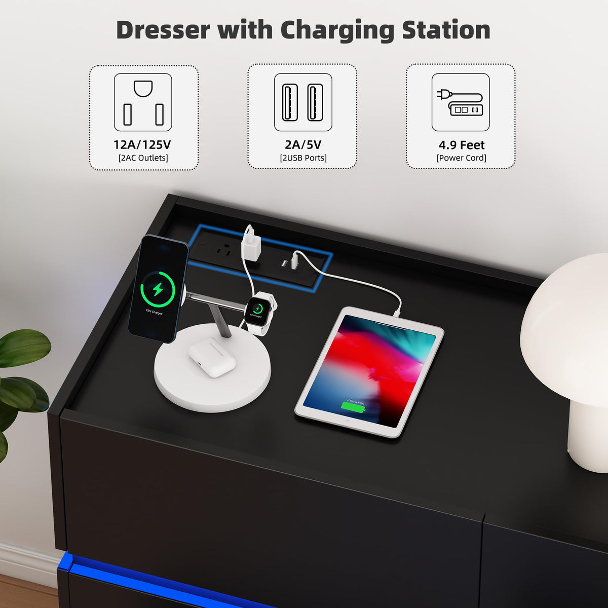 Black 9 Drawer Dresser with Charging Station and LED Lights L85967