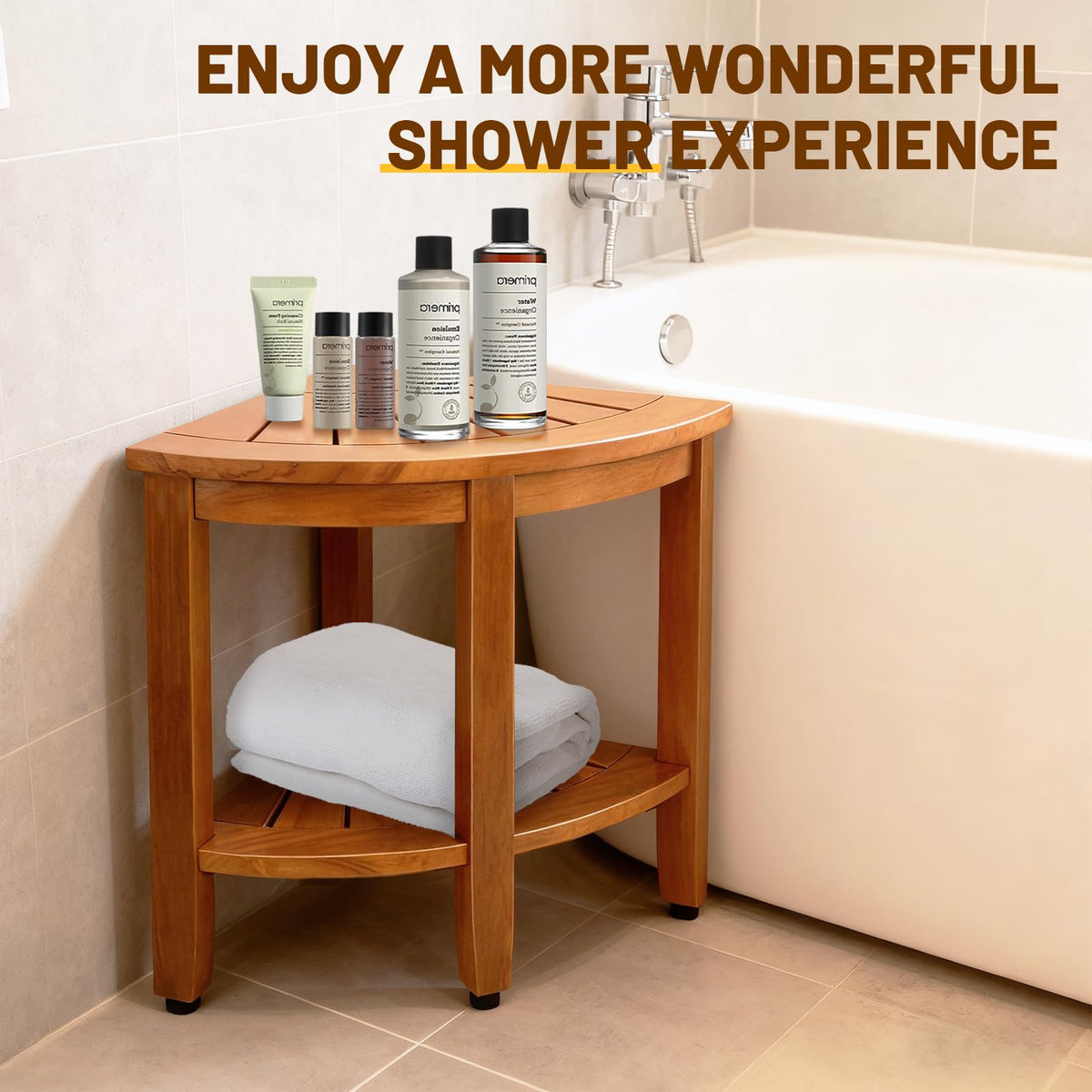 18" Teak Corner Shower Bench with Shelf Y4449