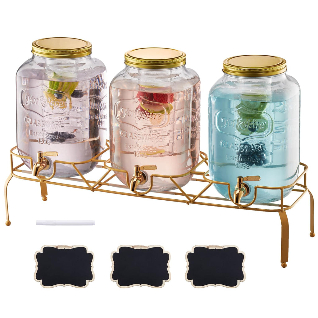 3 Pack 2 Gallon Glass Beverage Dispenser with Metal Stand O47889