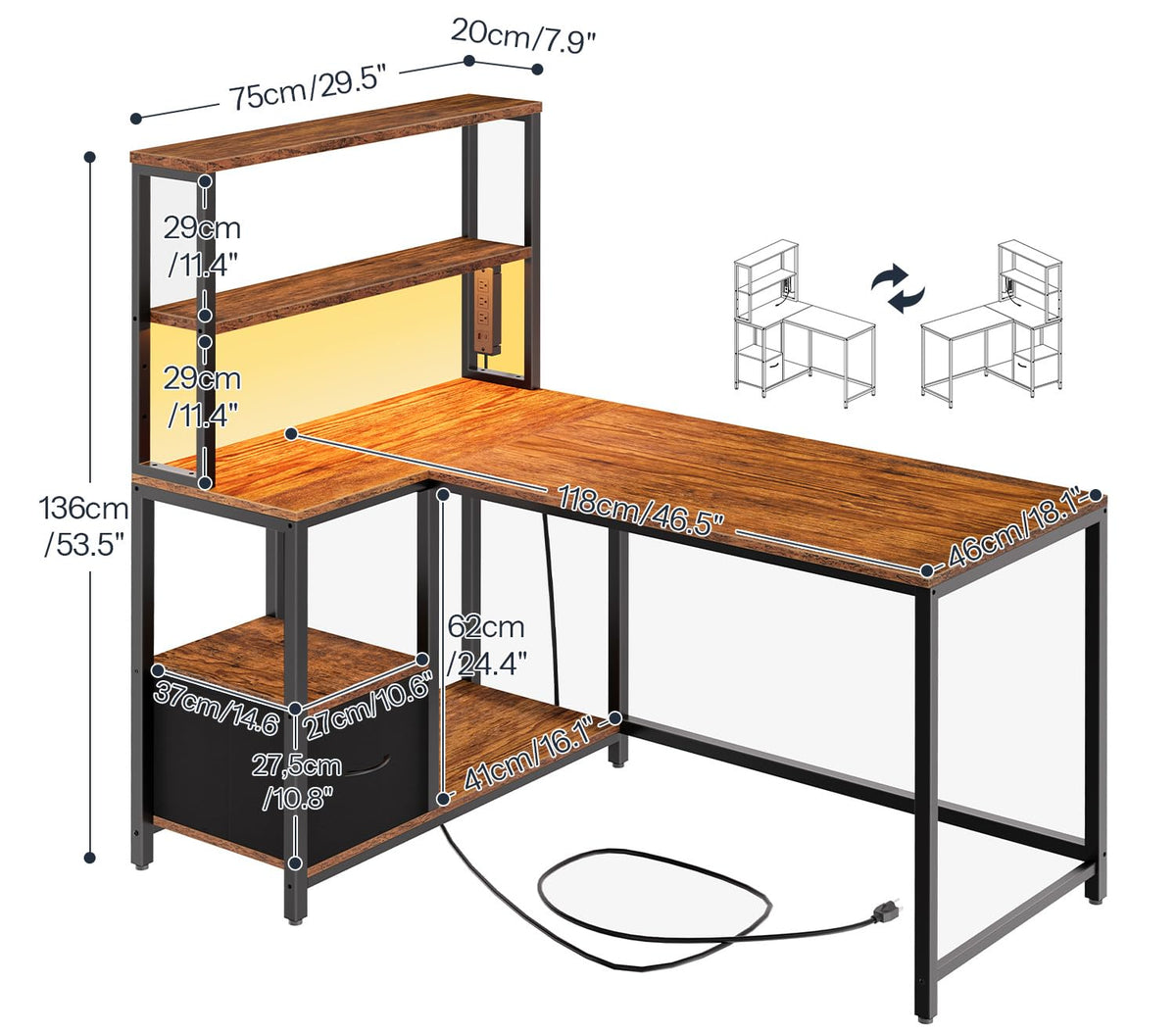 46 Inch Reversible Computer Desk with LED Light & Power Outlet F993