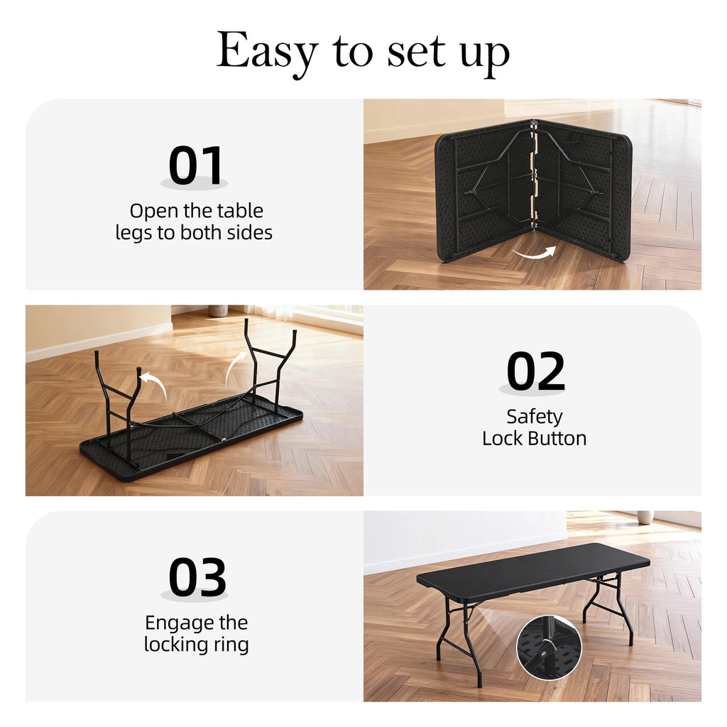 6FT Black Plastic Folding Table with Carrying Handle W86477