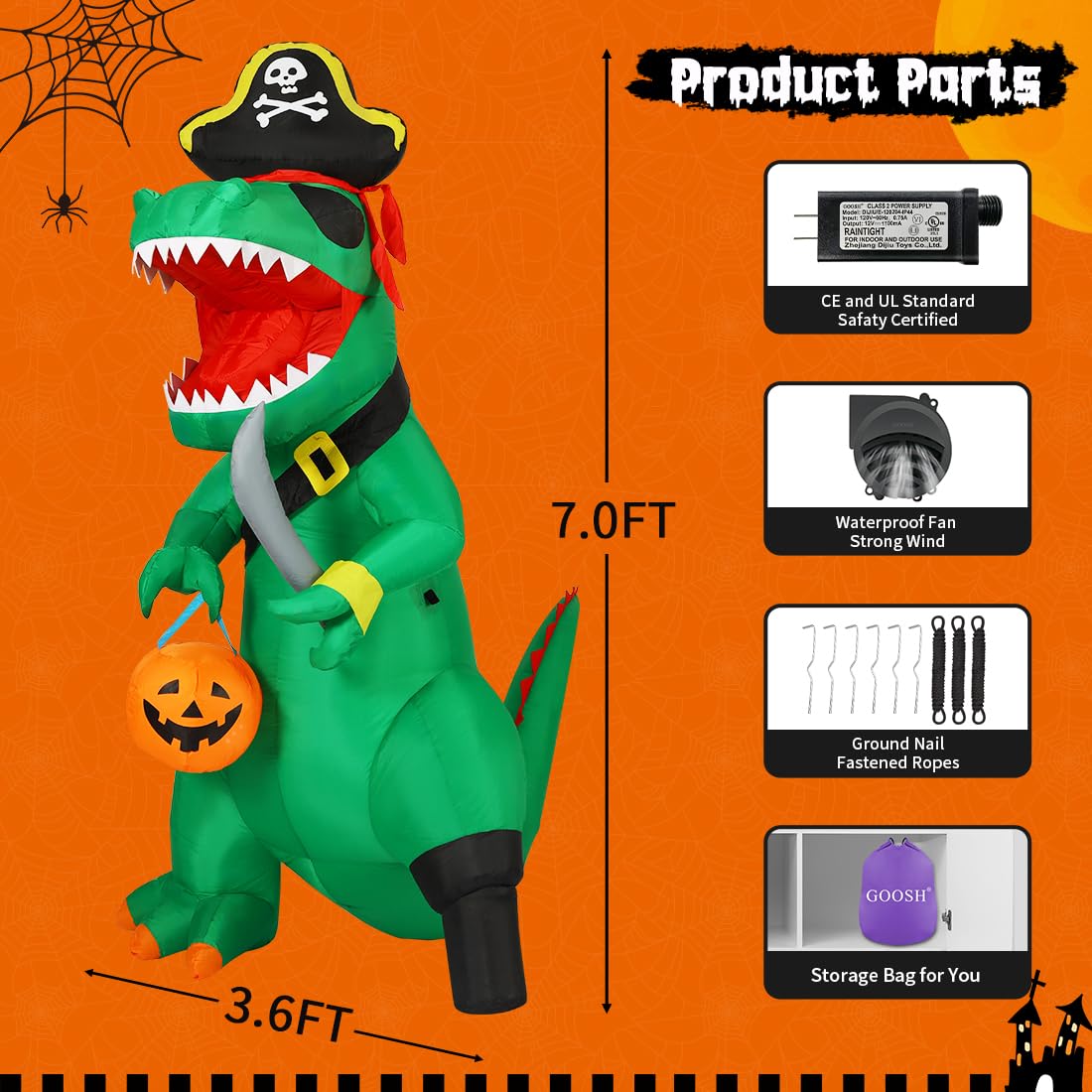 7 FT Halloween Inflatable Dinosaur with Built-in LEDs Q666395