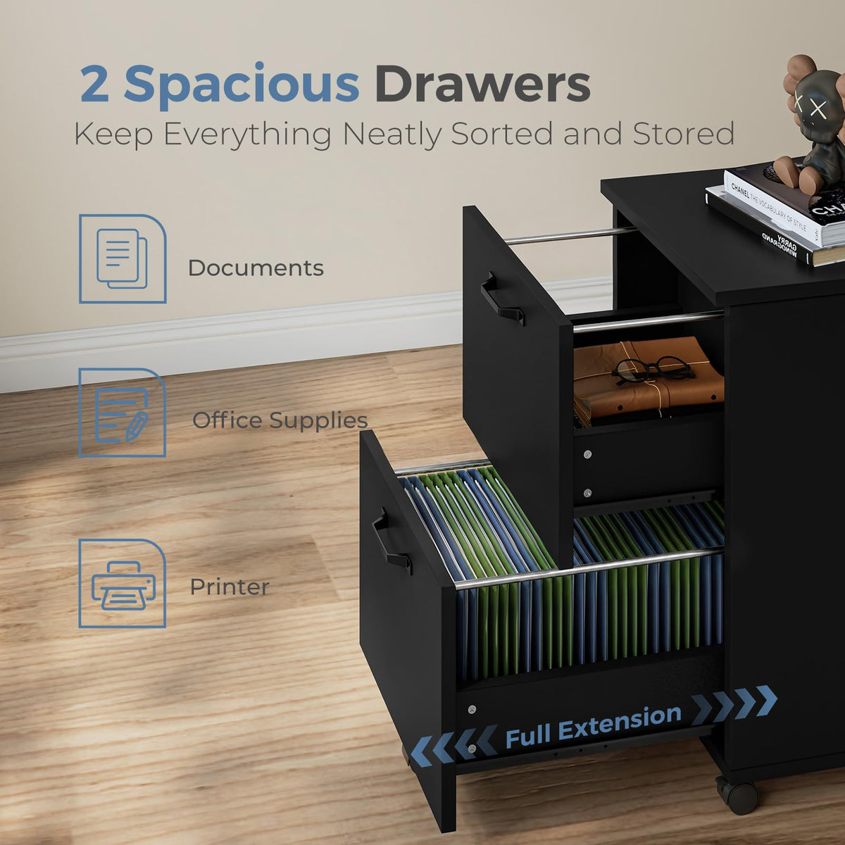 2 Drawer Black Wood File Cabinet B253