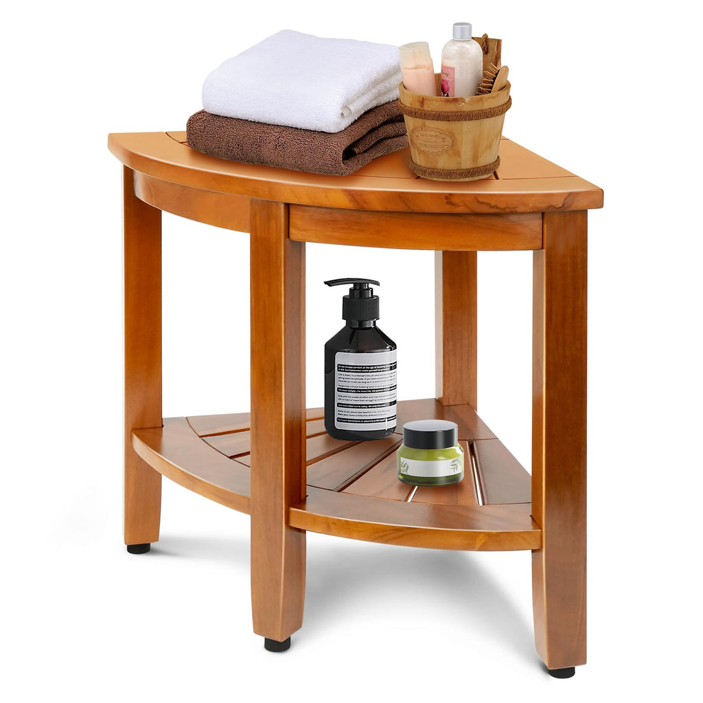 18" Teak Corner Shower Bench with Shelf Y4449