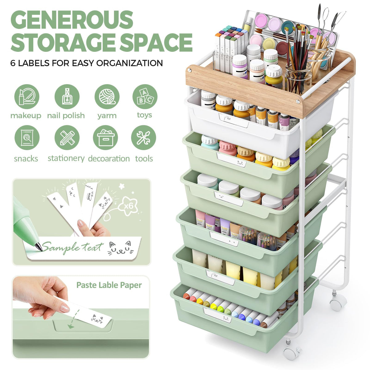 Green Utility Cart with 6 Drawers P196