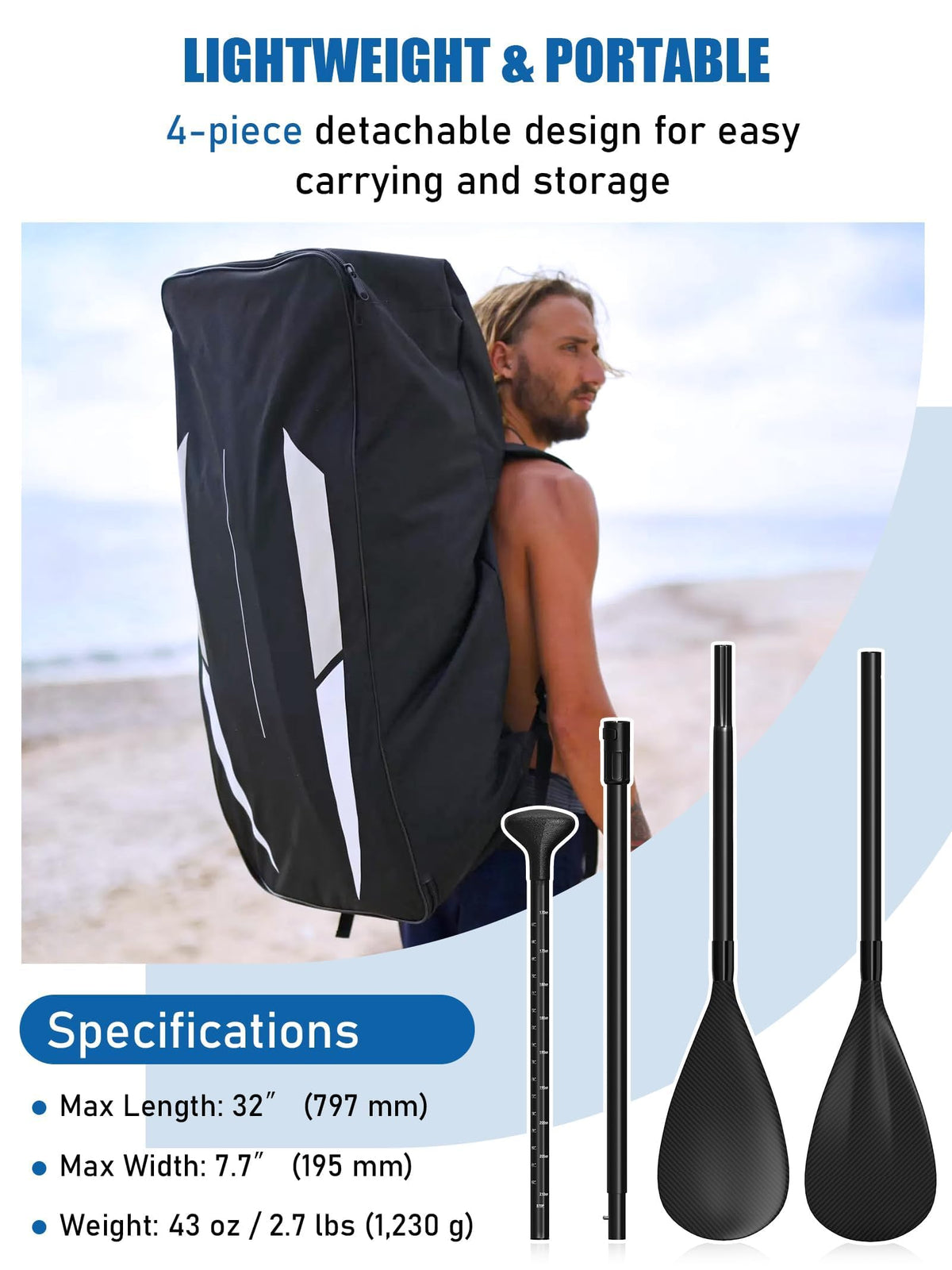 4 Piece Carbon Aluminium Adjustable SUP Paddle 67"-83" T664488
