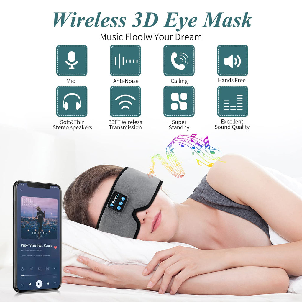 Wireless 3D Eye Mask Sleep Headphones Grey V741783